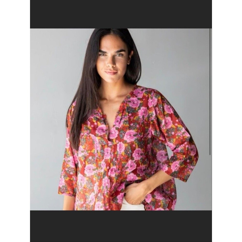 NATURAL LIFE 100% Cotton Pink Floral V-Neck Tunic Top Long Sleeve L/XL Large XL
